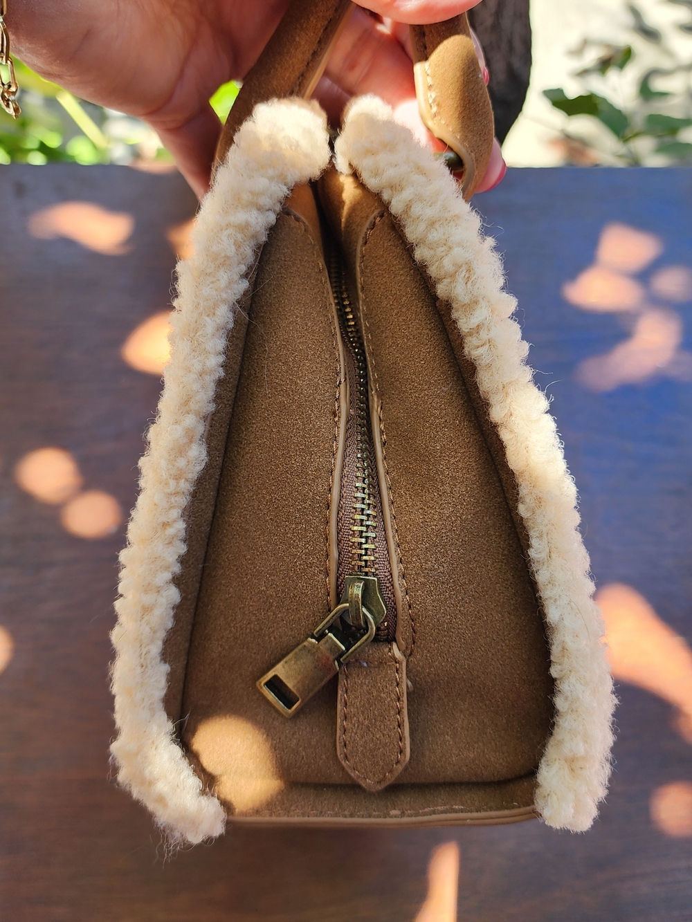 Frye and Co Core Satchel Bag Cognac Brown Faux Suede Sherpa Trim NWT - Picture 4 of 10